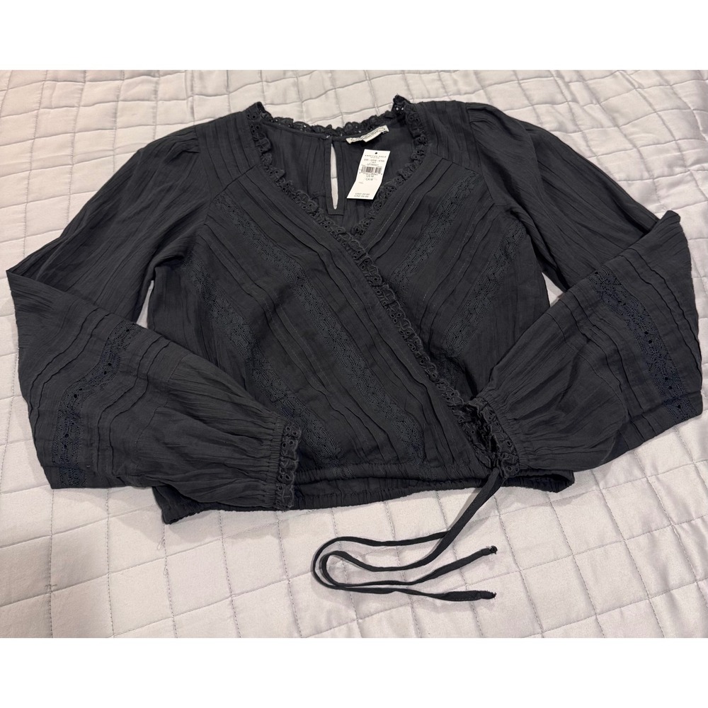 NWT American Eagle Black Eyelet Lace Wrap Blouse Long Sleeve boho cottagecore